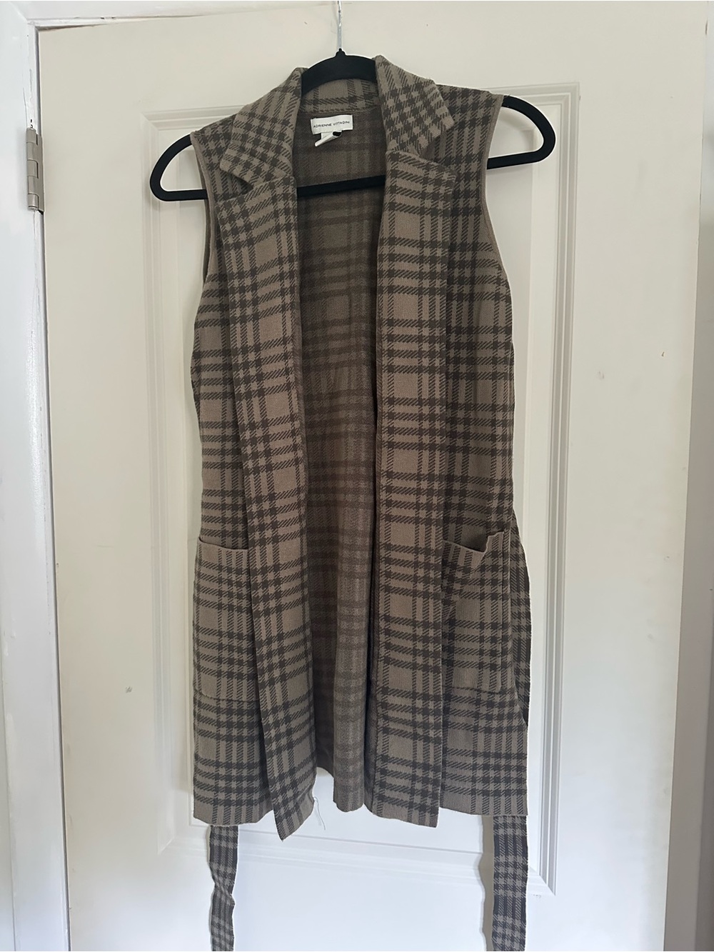Adrienne Vittadini Olive Green and Brown Plaid Sleeveless Long Vest